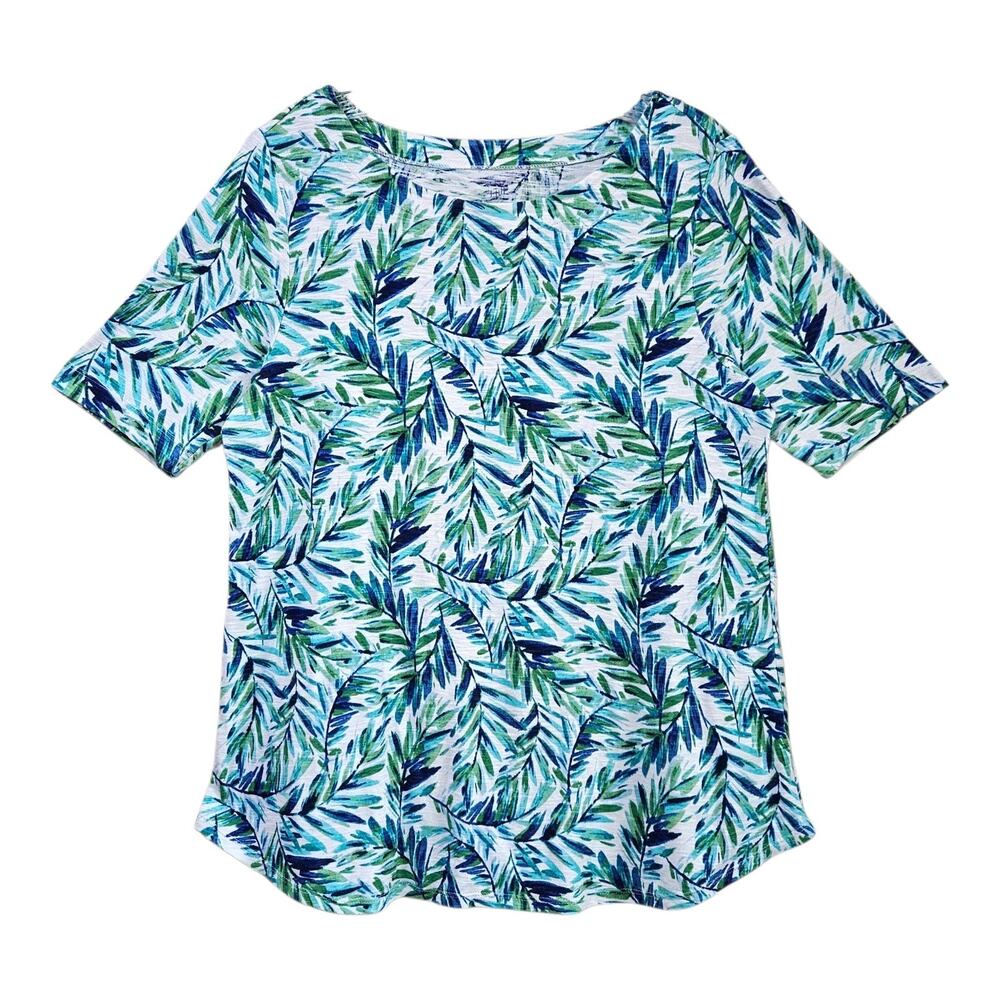 J JILL Women's M Top T-Shirt Tropical Palm Leaves Short Sleeve Pima Cotton 38"